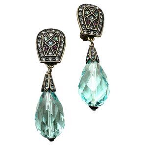 Heidi Daus Blue Crystal Bronze Clip Earrings Chandelier 2 Inch